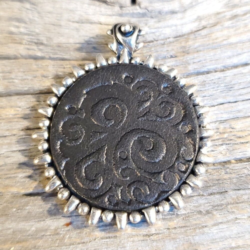 Vintage Black Leather Embossed Swirls Bali Style Bail Silver Pewter Pendant